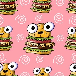 seamless pattern of cute monsters burger on a pink background. fast food with eyes, junk food. design for poster, print, kids menu. digital hand drawn illustration. stock vector illustration.
