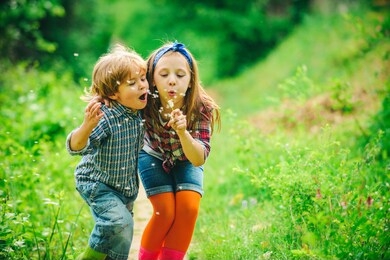 kids walking in summer field. little friends blowing dandelion seeds together in a park. smiling and laughing kids having good time outside on summer warm day
