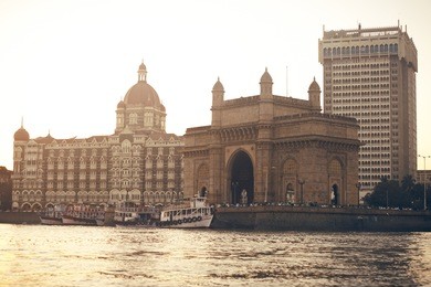 mumbai india with gateway and hotel taj mahal, sunset
