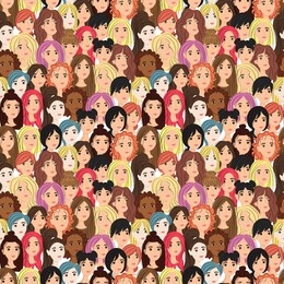 seamless pattern with portraits of young girls with different skin colors on a white background. women with different hairstyles and hair color. front view. stock vector illustration for decoration