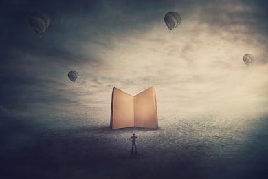 surreal scene, imaginary world, tiny man stands in front of a giant opened book with empty blank pages. education concept, the magic and fantasy of a story teller. knowledge and wisdom symbol.