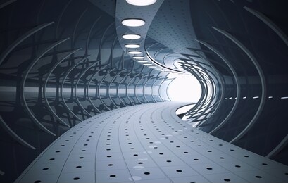futuristic tunnel with white light in the end. long corridor. 3d rendering image