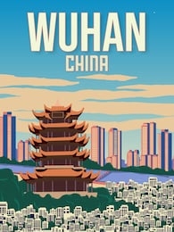 the yellow crane temple  tower and yangtze river with city skyline in wuhan china illustration, best concept for travel poster with vintage style