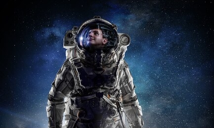 astronaut pioneer doing research. mixed media