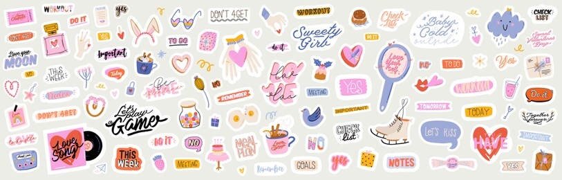 beautiful love stickers with valentines day elements and quotes. romantic cartoon image and trendy lettering. vector hand drawn flat illustrations, sign, objects for planner and organizer.