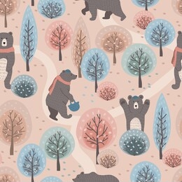 seamless pattern with cute funny handdrawn bears in hats and scarfs among forest trees. creative childish texture. great for fabric, textile, wrapping paper. vector illustration - vector