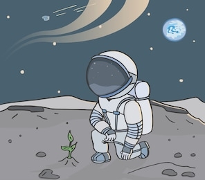 colorful cosmic illustration an astronaut has grown a plant on the moon.