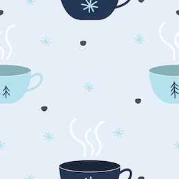 the seamless pattern of cute cup and heart on the blue background. the pattern of cute snowflake cup and dark blue cup and blue cup with pattern of heart on the blue background