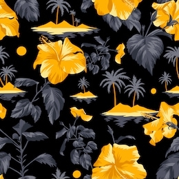 seamless island botanical pattern. colorful summer tropical background. landscape with palm trees, beach and ocean mixed with large yellow chinese hibiscus rose flowers. flat design, floral bloom. 