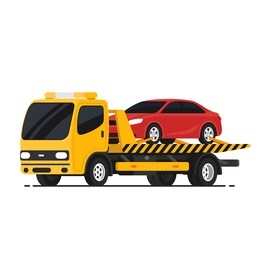 tow truck with broken car. roadside assistance. transportation faults. emergency car. isolated vector illustration on white background.