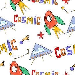 seamless pattern on a space theme with the word space, rackets, ufos, constellations and stars on a white background, printable vector illustration