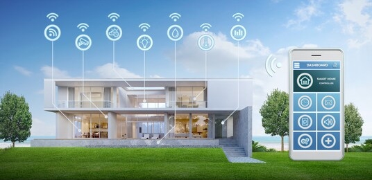 modern smart home.smart home connected and control with technology devices through internet network.3d rendering