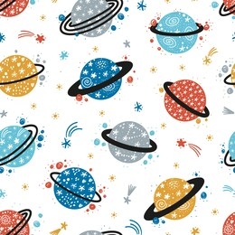vector space seamless pattern with doodle saturn planet and stars. cartoon colorful space background with abstract fantasy planets with starry pattern. magic wallpaper for kids