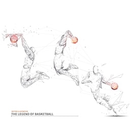 isolated basketball player on white background . abstract slam dunk motion. low poly wireframe digital vector illustration. three positions of a slam dunk jump. polygons, particles and connected dots.
