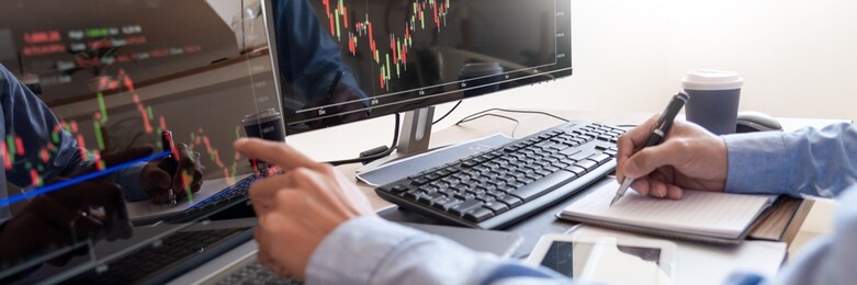 working business man, team of broker or traders talking about forex on multiple computer screens of stock market invest trading financial graph charts data analysis
