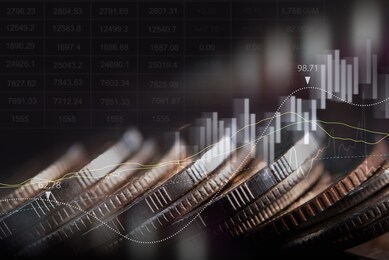 financial investment background concept. stack of coins and forex graph, stock market report on virtual screen  with copy space for economic growth and business presentation, dark tone