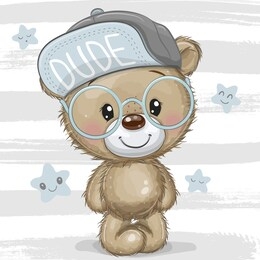 cute cartoon teddy bear with a blue cap and glasses
