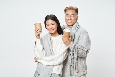 young people with cups of coffee aroma hot drink