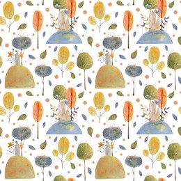spring summer seamless pattern 
 with houses, trees, flowers and leaves. hand drawn watercolor illustration.