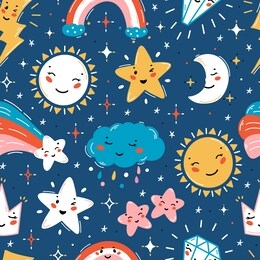 vector background with little cute smiling weather, celestial bodies and jewels kawaii icons. sky and space seamless pattern for kids fashion, nursery, baby shower design