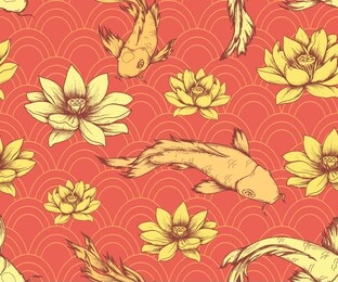 seamless pattern with koi carps and lotuses in asian style