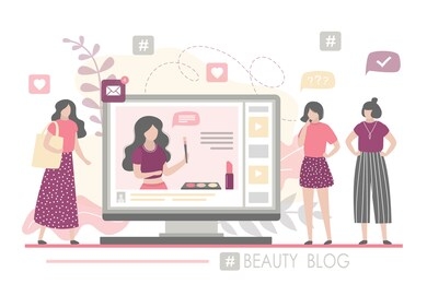 fashion women watching beauty blog. the female blogger talks about the latest cosmetics. vlog on monitor screen. community in social network. trendy vector illustration