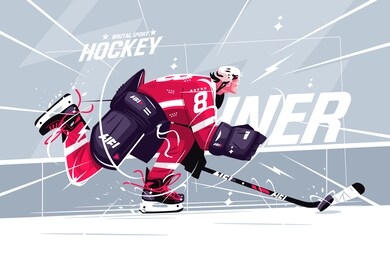 hockey player on ice field vector illustration. man in special outfit stickhandling puck to opponents goal. puck-carrier breaking to slot flat style design. brutal sport concept