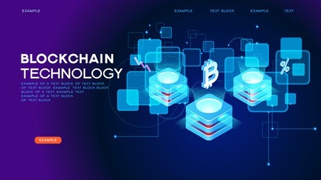blockchain network concept , distributed ledger technology , block chain text and computer connection. modern 3d isometric vector illustration of web page.  design concept.