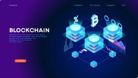 blockchain network concept , distributed ledger technology , block chain text and computer connection. modern 3d isometric vector illustration of web page.  design concept.