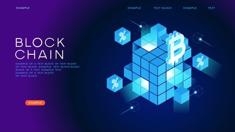 blockchain network concept , distributed ledger technology , block chain text and computer connection. modern 3d isometric vector illustration of web page.  design concept.