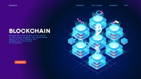 blockchain network concept , distributed ledger technology , block chain text and computer connection. modern 3d isometric vector illustration of web page.  design concept.