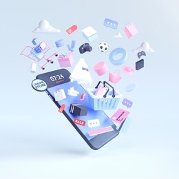 shopping on-line. online store on website or mobile application. 3d rendering background. digital marketing shop concept.