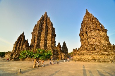 evening view on the prombanan complex in yogjakarta in java, indonesia