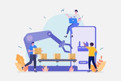 vector illustration, smart industry concept, showing how robot machine automation get involved in a modern factory production stage, suitable for landing page, ui, web, app intro card, and others