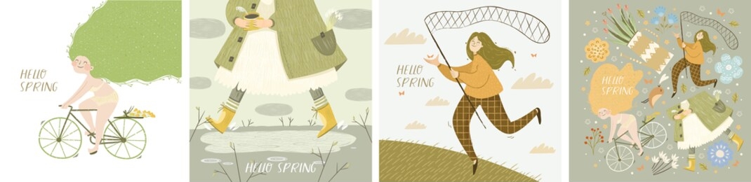 hello spring! set of vector posters with girl on bicycle, girl in coat and boots running through a puddles, catches with a butterfly net and isolated objects. drawings for a card, poster or postcard