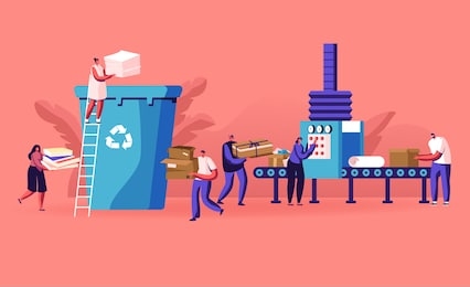 group of people city dwellers throw garbage to recycle litter bin for paper waste. environmental protection concept. sort recycle and segregation of cardboard trash. cartoon flat vector illustration