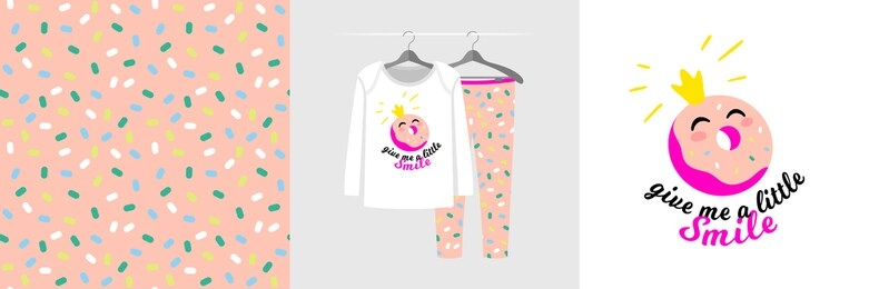seamless pattern and illustration with donut, quote give me a little smile. cute design pajamas on hanger. baby background for clothes, birthday decor, fashion t-shirt print, invitation card, wrapping