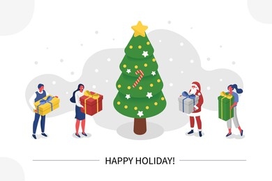 people characters and santa claus decorating christmas tree, preparing gift boxes and celebrating winter holidays. merry christmas and happy new year concept. flat isometric illustration. 