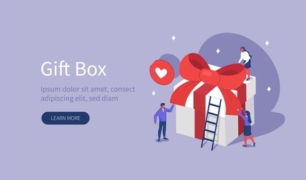 
people characters preparing carton gift package for holidays. woman and man packing present and decorating with ribbon and bow. surprise gift box concept. flat isometric illustration.