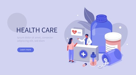 doctor pharmacist in drugstore consulting patient.  medicine pills and bottles around. medical staff choosing medicament. pharmacy store concept.  flat isometric illustration.
