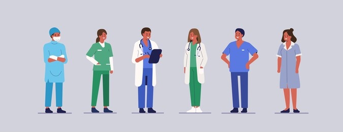people characters work in hospital. nurse, doctor therapist, surgeon and other medical staff standing together. male and female medical characters set. flat cartoon illustration.
