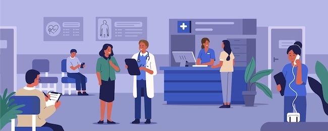 people characters in hospital reception. medical staff working. doctor talking with patient at the hospital room. patients waiting for doctor. medical clinic concept. flat cartoon illustration.