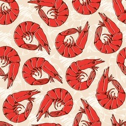 seamless pattern from hand drawn shrimps on a beige background
