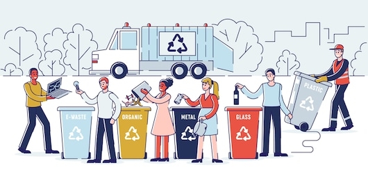 recycling and zero waste concept. people are sorting garbage throwing trash into appropriate recycle bins. refuse collector loading waste into garbage truck. cartoon outline flat vector illustration.