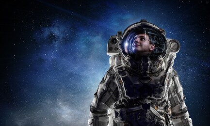 astronaut pioneer doing research. mixed media