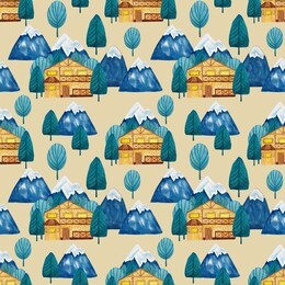 seamless pattern with watercolor hand drawn chalet with mountain and pine trees. ski resort illustration. for bag,  packing, textille, wrapping paper.