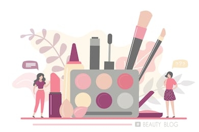 huge makeup kit. women talking about cosmetics and makeup. fashion tiny people. beauty blog banner concept. female characters in trendy style. vector illustration