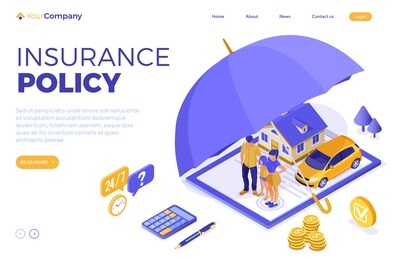 property, house, car, family insurance isometric concept for advertising with insurance policy on clipboard, money, umbrella and calculator. landing page template. isolated vector illustration