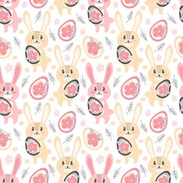 seamless pattern cute bunnies with easter egg and flowers. festive spring background in scandinavian hand drawn style. cartoon character little rabbit. design for textiles, packaging paper, fabric 