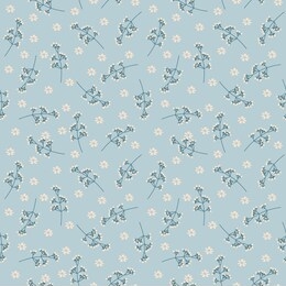 floral seamless background pattern. abstract background with tiny small white flowers. retro style print with white blossoms on flat light blue colour. stock trendy illustration